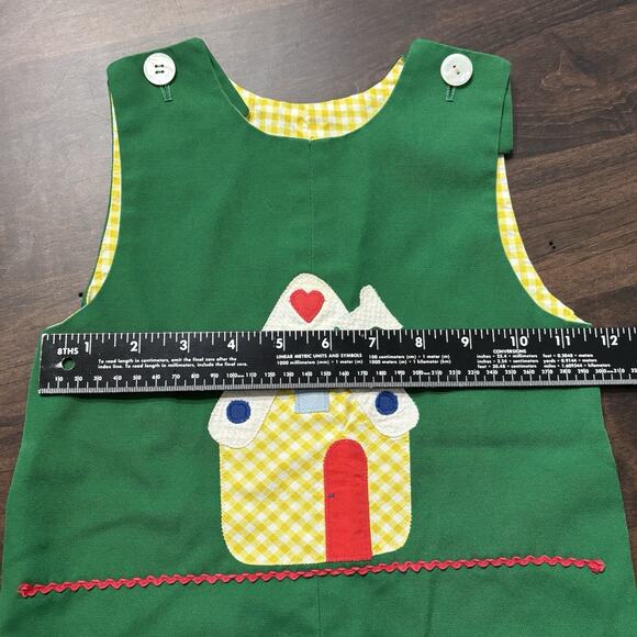 Vtg 70s Shortalls 6-9 Months Romper Green Yellow Appliqué USA Handmade Buttons - Picture 8 of 8